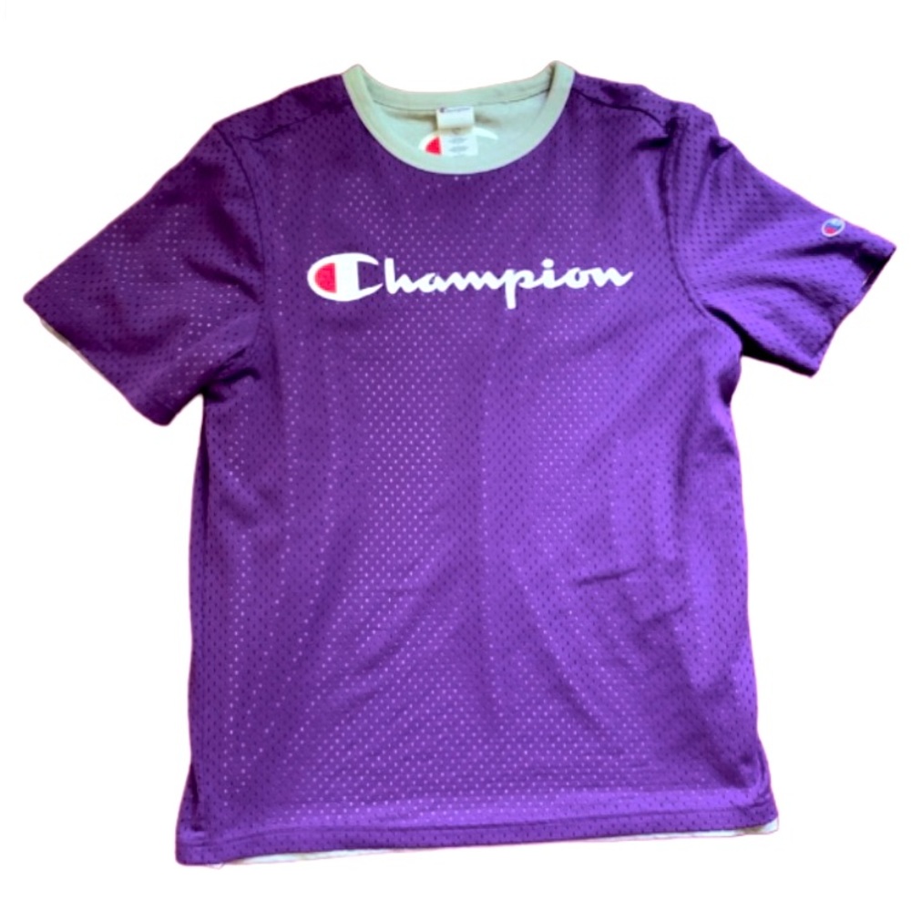 Vintage Y2K CHAMPION Reversible Mesh Jersey T-shirt Logo Purple Grey Dual Tee
